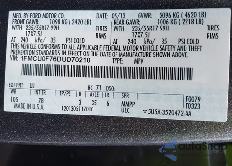 2013 Ford Escape S из США, поврежденный, VIN 1FMCU0F76DUD70210